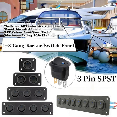 8 Gang Round Rocker Switch Panel With LED Indicator For 12V To 24V DC Aluminum Waterproof Panel Box 20 Amp 3 Pin On Off
