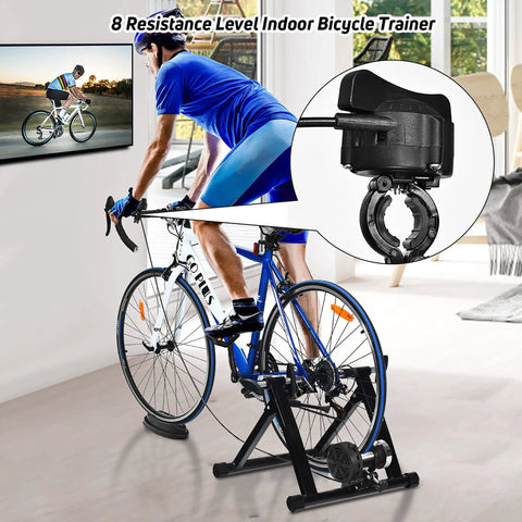Person using Indoor Bike Trainer Stand With 8 Levels Of Resistance Portable Steel Cycling Trainer for 26 to 28 Inch Bikes