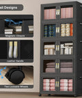 Premium Five Tier Storage Tower With Clear Front Panel Foldable Stackable Cabinet Rack showing magnetic closures and leather handles