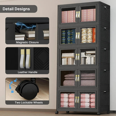 Premium Five Tier Storage Tower With Clear Front Panel Foldable Stackable Cabinet Rack showing magnetic closures and leather handles