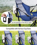 Hammock Camping Chair With 3 Height Settings And Headrest showing adjustable cup holder for various cup sizes by a lake.
