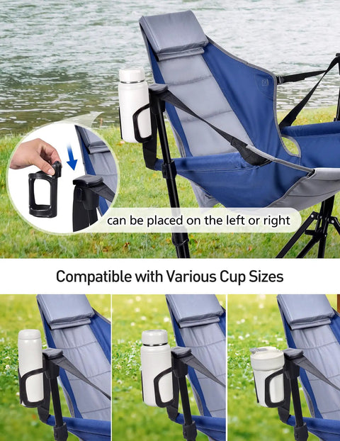 Hammock Camping Chair With 3 Height Settings And Headrest showing adjustable cup holder for various cup sizes by a lake.