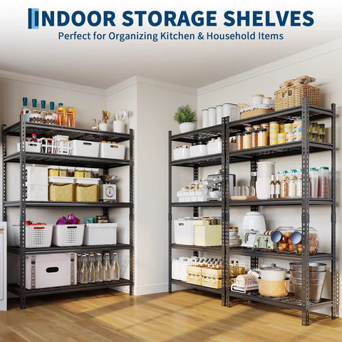 Beefy 5 Tier Metal Garage Storage Shelving Unit, 36 Inch Wide, Adjustable Shelves, Heavy Duty Steel, Up To 2200 Lbs Total Capacity, Ideal Tool Organizer For Home Garage, Workshop, And Storage. Indoor storage shelves in kitchen with organized household items