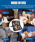 Various string instruments with 72 Piece Guitar Tool Kit For Setup Intonation And Repair All In One Maintenance Kit displayed