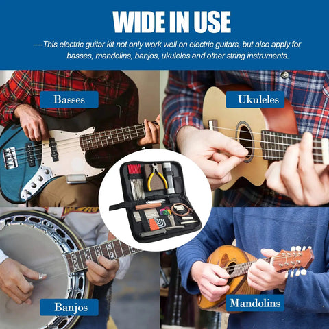 Various string instruments with 72 Piece Guitar Tool Kit For Setup Intonation And Repair All In One Maintenance Kit displayed
