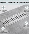 Oreilet Linear Shower Drain 12 Inch Floor Drain with Hair Catcher in 304 stainless steel with water droplets on grey tile.