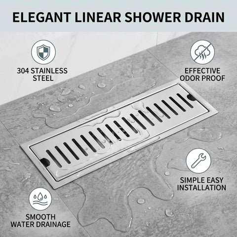 Oreilet Linear Shower Drain 12 Inch Floor Drain with Hair Catcher in 304 stainless steel with water droplets on grey tile.