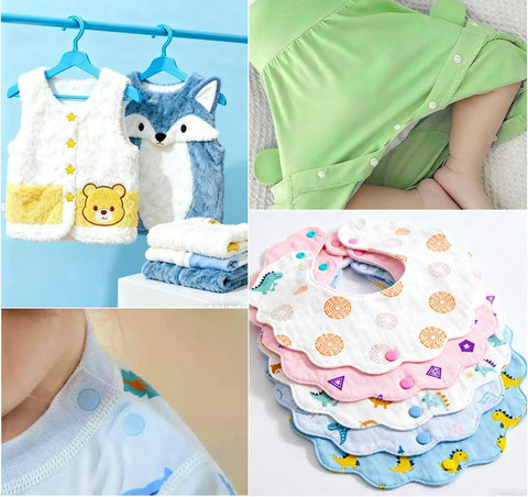 No Sew Snap Button Kit With Pliers Set 460 Sets T5 Plastic Snaps 23 Colors For Clothing Diapers Bibs Rain Coats And Craft Projects Easy Install Snap Fasteners Tool Kit featuring clothing and bibs with installed snaps