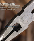 Close-up of 8 Inch Long Nose Pliers With Side Cutter And Knife And Anvil, Needle Nose Pliers detailing crosshatch jaws for maximum grip.