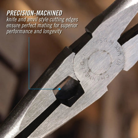 Close-up of 8 Inch Long Nose Pliers With Side Cutter And Knife And Anvil, Needle Nose Pliers detailing crosshatch jaws for maximum grip.
