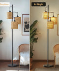 65 Inch Boho Rattan Floor Lamp With Three Lights, Farmhouse Tree Standing Lamp With Rattan Shades in day and night setting
