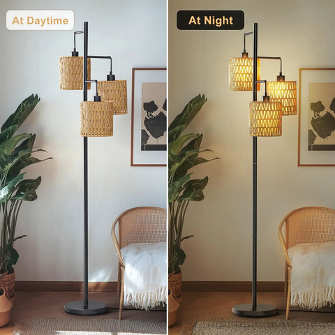 65 Inch Boho Rattan Floor Lamp With Three Lights, Farmhouse Tree Standing Lamp With Rattan Shades in day and night setting