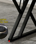 Close-up of adjustable non-slip feet on heavy duty black metal table legs set of 2, 28 inch high T-shaped iron desk legs.