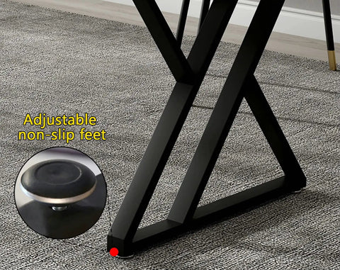 Close-up of adjustable non-slip feet on heavy duty black metal table legs set of 2, 28 inch high T-shaped iron desk legs.