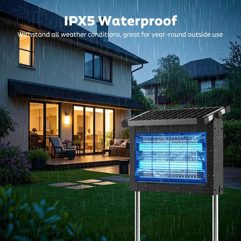 Solar Bug Zapper Outdoor Cordless Mosquito Killer Lamp With 10W Solar Panel And 4500V Shock Grid in rainy backyard setting