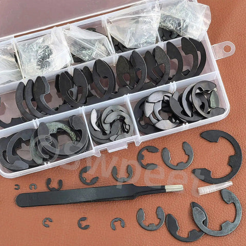210 Piece E Clip Snap Ring Kit With Tweezers 14 Sizes M1.5 M2 M2.5 M3 M3.5 M4 M5 M6 M7 M8 M9 M10 M12 M15 High Carbon And Manganese Steel External Retaining Rings Set