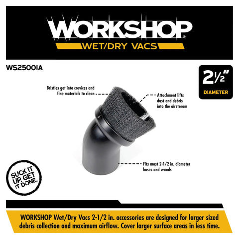 2-1/2 Inch Dusting Brush Vacuum Attachment for Wet Dry Vacuums, Easy Fit to Most Hoses, Heavy Duty Crevice Cleaner shown.