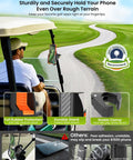 Heavy Duty Golf Cart Phone Holder Mount With 3 Second Clip Install And 1 Second Lock Release viewed from a golf course in use.