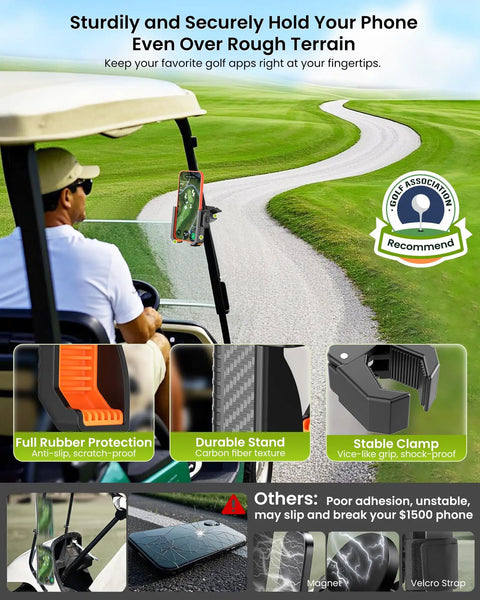Heavy Duty Golf Cart Phone Holder Mount With 3 Second Clip Install And 1 Second Lock Release viewed from a golf course in use.