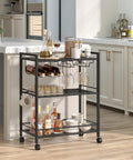 Sleek Black Three Tier Bar Cart With Smooth Rolling Lockable Wheels And Top Shelf Storage, 13x25.2x34.3in, with drinks and glasses.