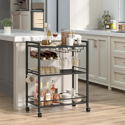 Sleek Black Three Tier Bar Cart With Smooth Rolling Lockable Wheels And Top Shelf Storage, 13x25.2x34.3in, with drinks and glasses.