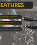 Features of Two Piece Front Struts Assembly With Magnetic Electronic Suspension For 2007 To 2014 Cadillac Escalade Suburban Tahoe GMC Yukon XL Sierra 1500 Replace 580435 For Better Ride And Handling shown with benefits in text overlay