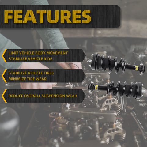 Features of Two Piece Front Struts Assembly With Magnetic Electronic Suspension For 2007 To 2014 Cadillac Escalade Suburban Tahoe GMC Yukon XL Sierra 1500 Replace 580435 For Better Ride And Handling shown with benefits in text overlay