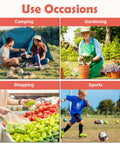 Image showing different use occasions: camping with a tent, gardening with plants, shopping for produce, and playing sports on a field.