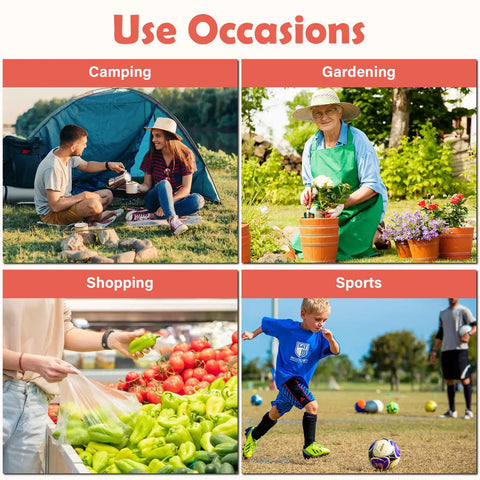 Image showing different use occasions: camping with a tent, gardening with plants, shopping for produce, and playing sports on a field.