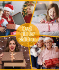 Family exchanging gifts, each holding wrapped presents with joyful expressions, "Best gift for children" in text overlay.