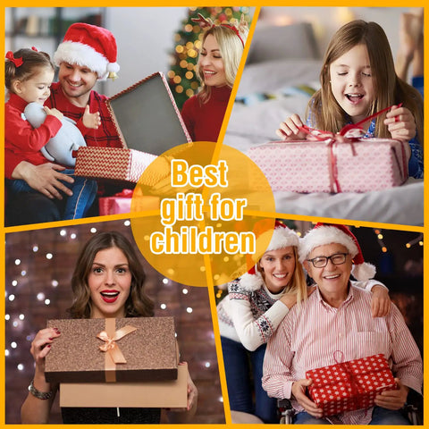 Family exchanging gifts, each holding wrapped presents with joyful expressions, "Best gift for children" in text overlay.