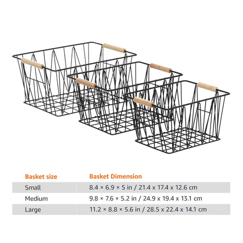 Sleek Stackable Wire Storage Baskets Set Of Three For Closet Organization And Home Stash Heavy Duty Powder Coated Steel Containers For Linens Clothes And Black Finish