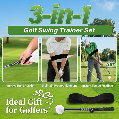 3-in-1 Retractable Golf Swing Trainer With Click Sound And Posture Correction Arm Band For Right Handed Golfers