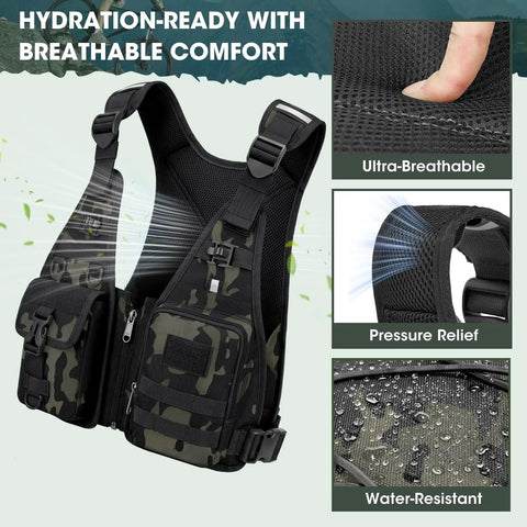 Hydration Backpack With 2L Water Bladder, camouflage lightweight running vest showing breathable mesh and water-resistant material.