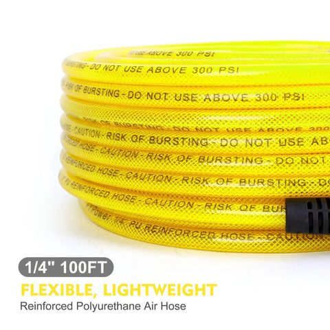 Badass 1/4 Inch By 100 Feet Air Compressor Hose Crafted From Tough Reinforced Polyurethane with clear labeling and coiled design.