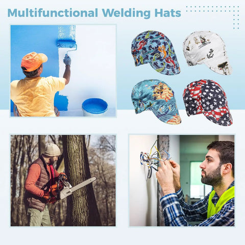 Four Pack Cotton Welding Cap Set With Sweat Absorbing Mesh Liner, breathable hats in floral, star, and novelty prints for welders.
