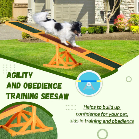 Tough As Nails Built To Last Durable 71 Inch Fir Wood Dog Agility Seesaw With 66 Lb Weight Rating Anti Slip Deck in use outdoors