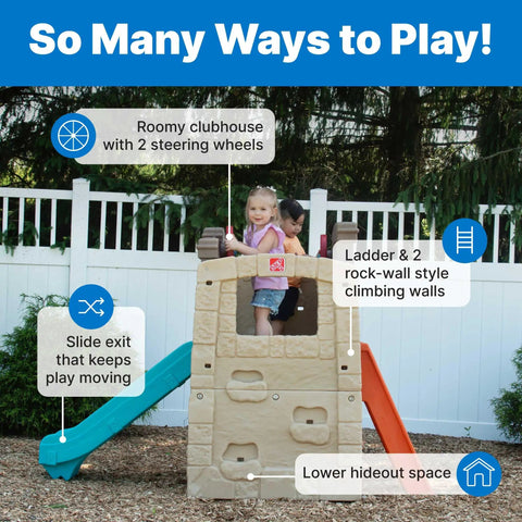 Children playing on Woodland Climber II Kids Playset With Toddler Slide And Climbing Wall, Backyard Outdoor Playground For Ages 2 To 6
