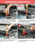 Installation instructions for AC Valve Core Remover Tool Kit With Quick Release For R134a And R1234yf in use on a car engine.