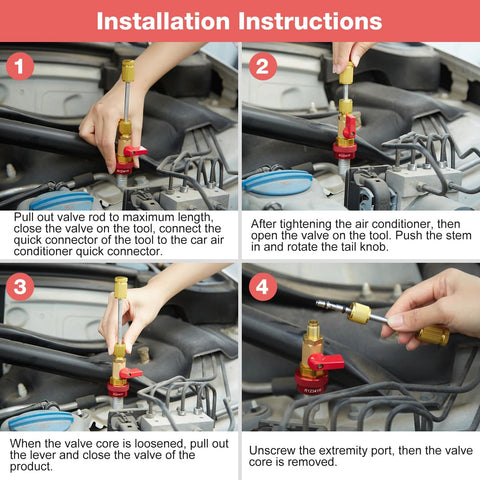 Installation instructions for AC Valve Core Remover Tool Kit With Quick Release For R134a And R1234yf in use on a car engine.