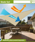 Right Triangle Beige Shade Sail 8x8x11.3 Ft Air Permeable HDPE Shade Cloth Heavy Duty Canopy installed over patio