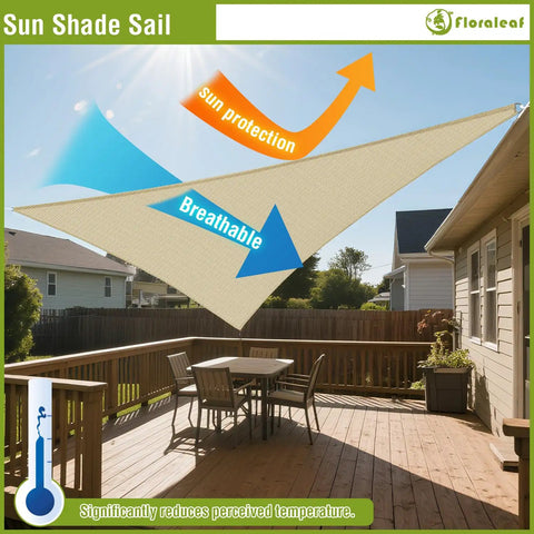 Right Triangle Beige Shade Sail 8x8x11.3 Ft Air Permeable HDPE Shade Cloth Heavy Duty Canopy installed over patio