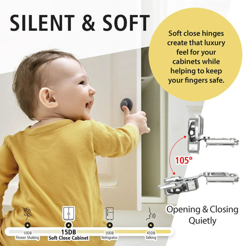 Child holding cabinet door with Eight Pack Four Pairs One Half Inch Soft Close Hinges For Kitchen Cabinet Doors Upgrade.