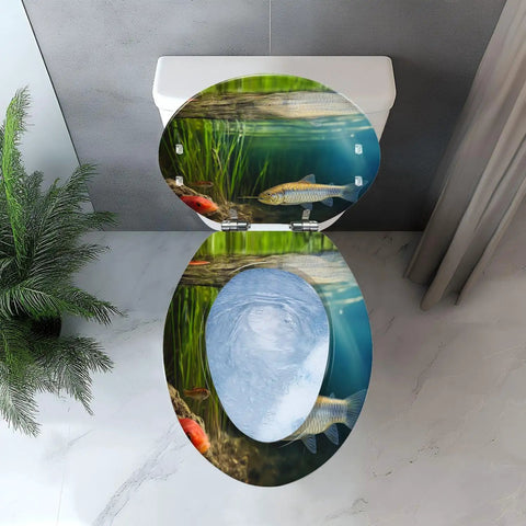Elongated Resin Toilet Seat for Bathroom with fish and aquatic plants design, suitable for most standard toilets.