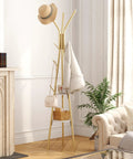 Coat Rack With 12 Hooks Freestanding Hall Tree In Gold Finish Dope Modern Industrial Style Entryway Organizer With Two Wooden Shelves For Clothes Hats And Scarves Sturdy Metal Coat Hanger Stand in living room.