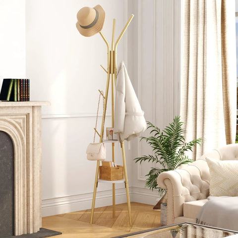Coat Rack With 12 Hooks Freestanding Hall Tree In Gold Finish Dope Modern Industrial Style Entryway Organizer With Two Wooden Shelves For Clothes Hats And Scarves Sturdy Metal Coat Hanger Stand in living room.