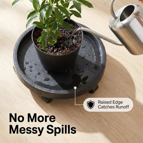 14.2 Inch Round Planter Caddy With Heavy Duty Smooth Gliding Casters, Grab And Go Wheeled Flower Pot Dolly with raised edge for runoff.