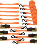 Beefed Up 20 Ft Ratchet Tie Down Straps 6 Pack 1700 Lb Break Strength with Safety Lock S Hooks and Soft Loops displayed