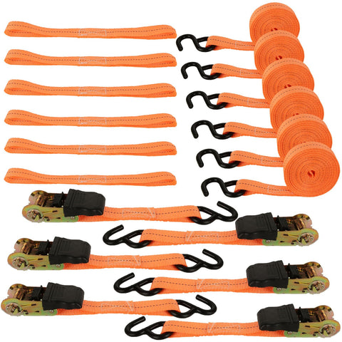Beefed Up 20 Ft Ratchet Tie Down Straps 6 Pack 1700 Lb Break Strength with Safety Lock S Hooks and Soft Loops displayed