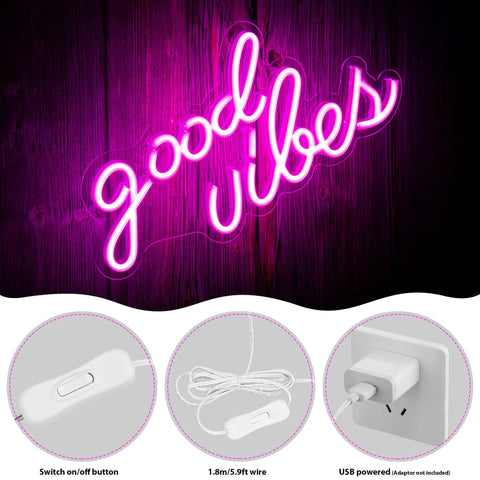 Pink Good Vibes Neon Sign For Bedroom And Wall Decor, LED Neon Lights For Living Room Or Office, 16.1 By 8.3 Inch